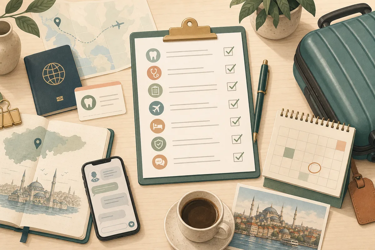 Illustration of a dental tourism checklist for Turkey.
