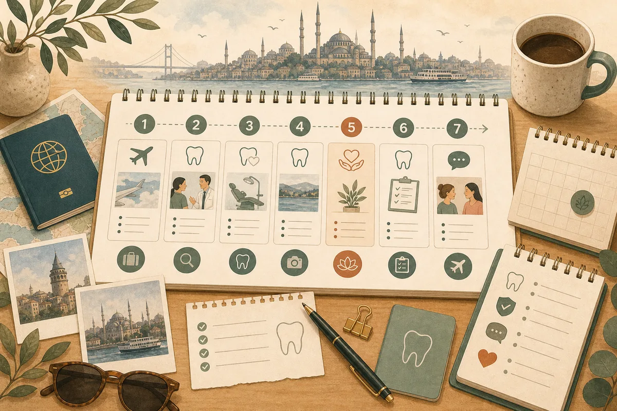 Illustration of a fictional dental treatment week timeline in Turkey.