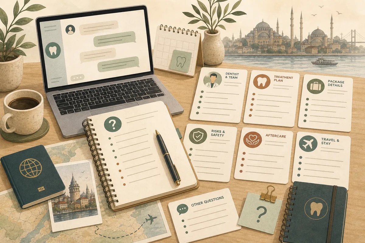 Illustration of organising questions to ask a dental clinic in Turkey.