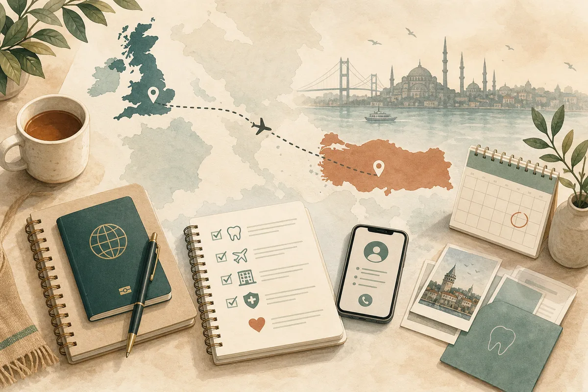 Illustration of dental treatment travel planning from the UK to Turkey.